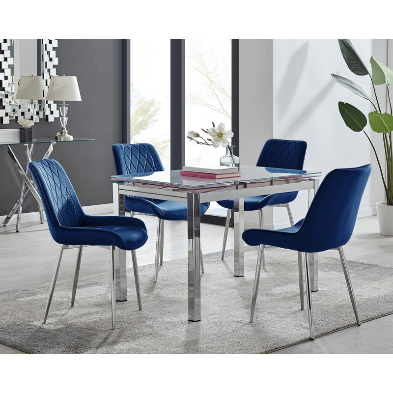 Tierra Modern Glass & Metal Extendable Dining Table Set & 4 Luxury Upholstered Velvet Dining Chairs, Navy/Silver