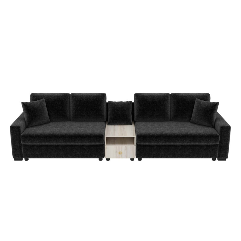 Canapé modulaire moderne avec accoudoirs de rangement et console centrale, Chenille - noir