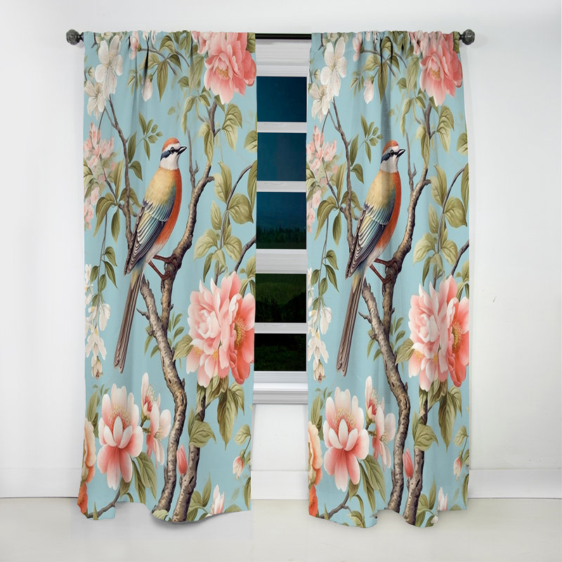 Panneau de rideau floral, pivoine oiseau occultant - Chinoiserie oiseaux et pivoines II, L 52 po x L 108 po