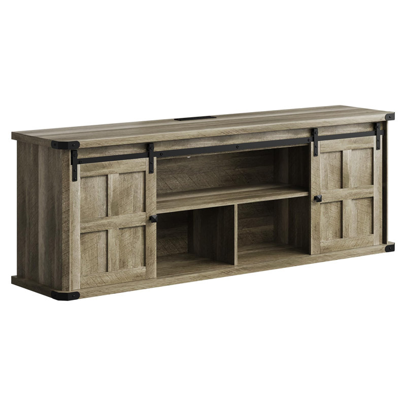 70" Farmhouse TV Stand for TVs up to 80", Entertainment Center with Barn Doors, Power Outlets & Shelves, Light Gray