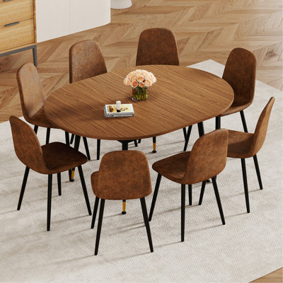 Walnut Oval Extendable Dining Table, MDF Top Modern Expandable Kitchen Table with Sturdy Metal Legs for Dining Room, Seats 6-10 People
