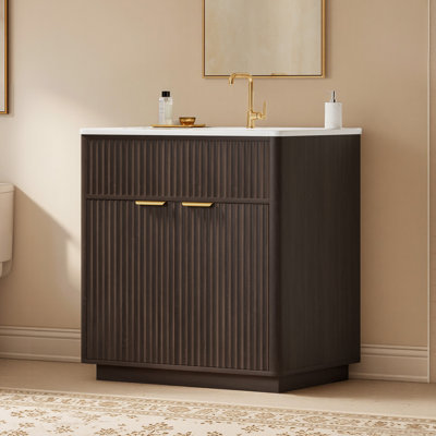  30" Freestanding Single Sink Bathroom Vanity with Fluted Doors and Storage, Brown