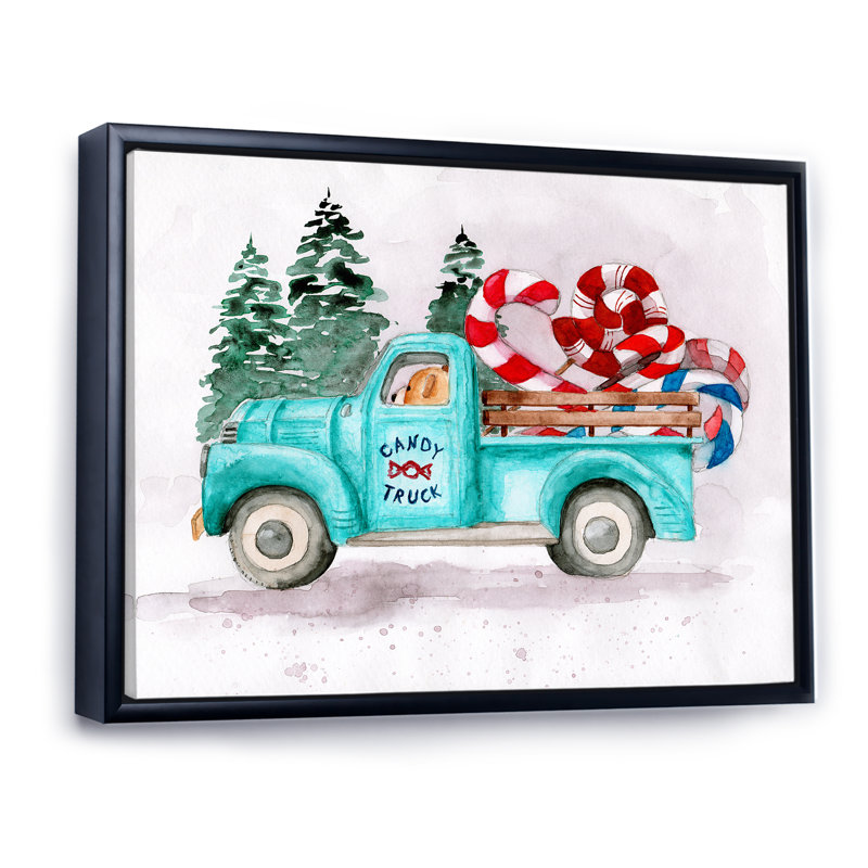 Camion bleu avec un chauffeur d'ours - reproduction sur toile, H 16 po x l 32 po, Toile à cadre flottant noir