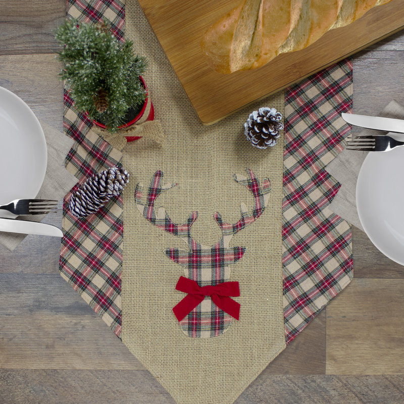 Red and Brown Burlap and Plaid Reindeer Christmas Table Runner, 36" x 0.5", Red