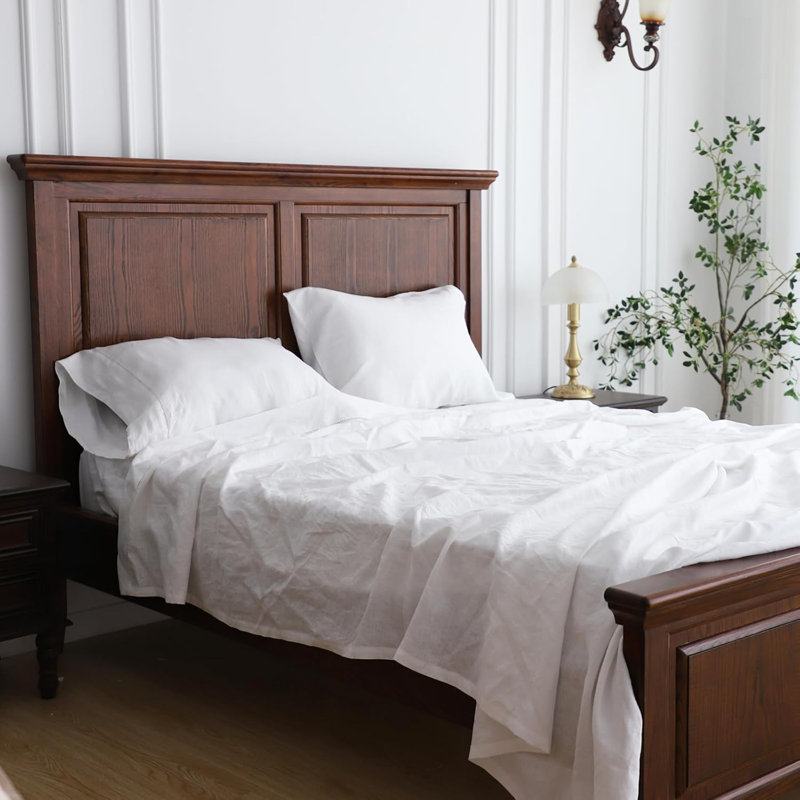 100% Linen Pillowcase With Hand Drawing Hemstitch Pillow Cover Set Of 2, White, Standard Pillow Case