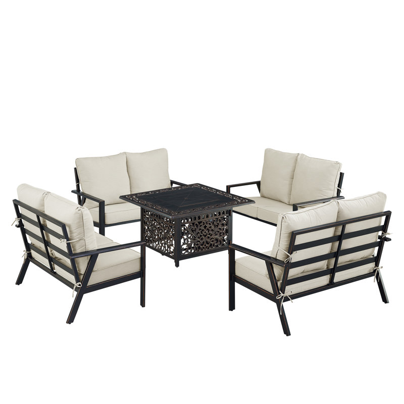 Ensemble de table de foyer en aluminium noir avec quatre causeuses profondes, Gris clair