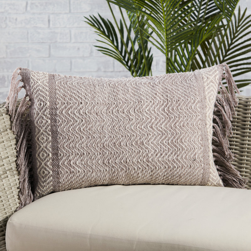 Taupe Chevron Polyester Indoor/Outdoor Lumbar Pillow with Tassels