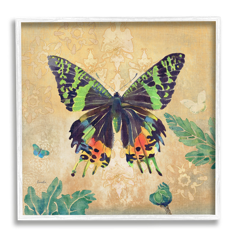 Motif floral de papillon rétro - impression, H 24 po x l 24 po x P 1,5 po, Giclée encadrée blanc bord de mer