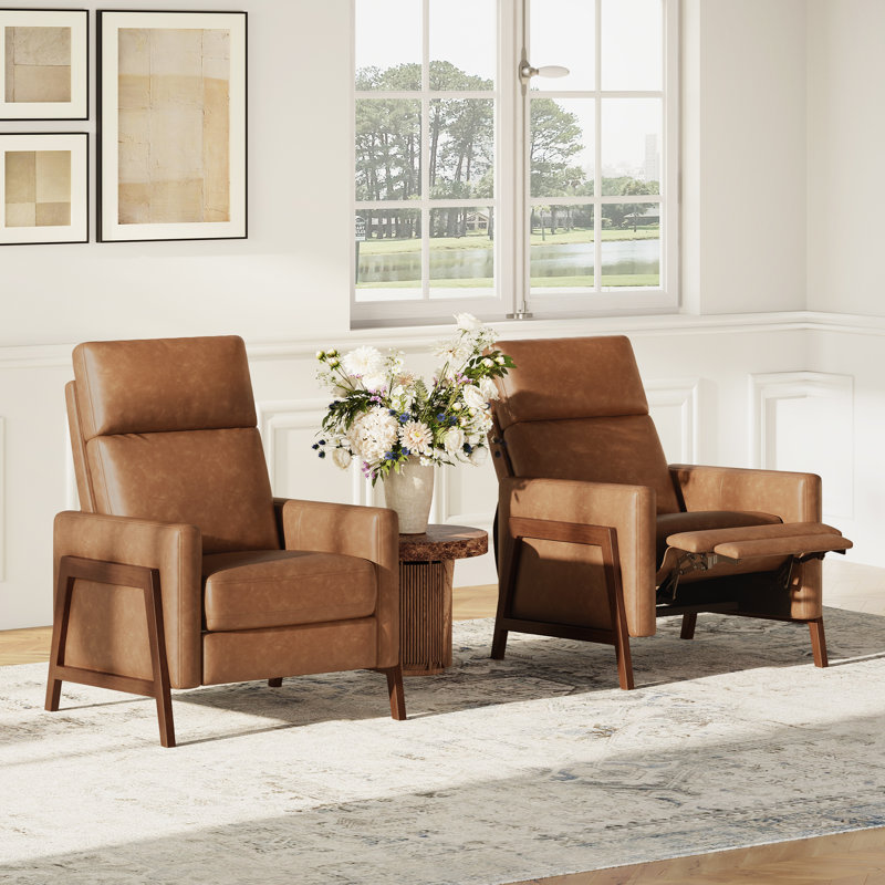 Mid-Century Modern Push-Back Recliner Chair, PU Leather Armchair, Cocoa