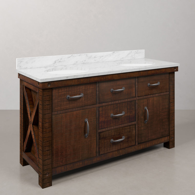 Aberdeen 60'' W Double Vanity, Carrara White, Rustic Sienna