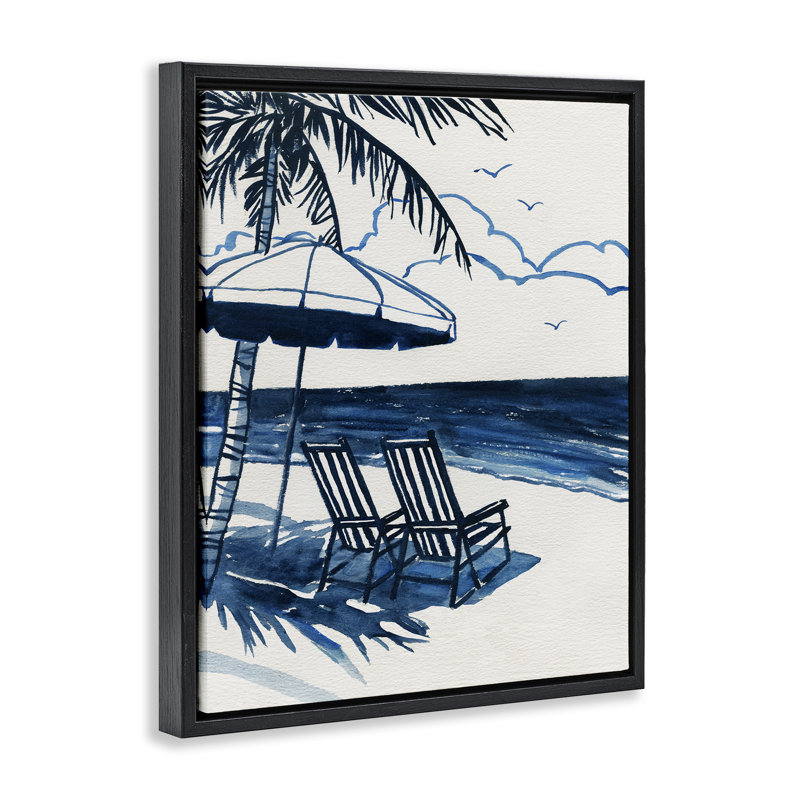 Cadre flottant de plage tropicale aux tons bleus, design par Carol Robinson, H 21 po x l 17 po, Cadre flottant noir de jais