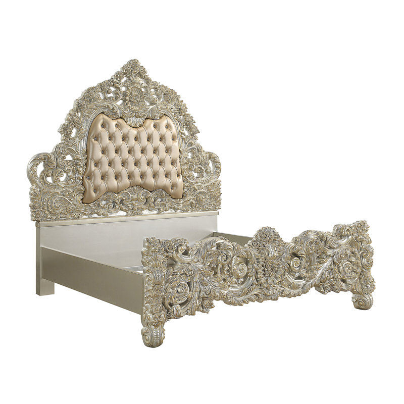 Sorina King Bed with Antique Gold Finish and Tufted Upholstered Headboard