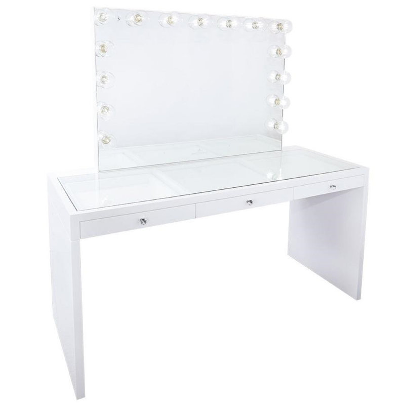 SlayStation Pro Premium Vanity Table and LED Makeup Vanity Mirror with Clear View Glass Top, Glossy White