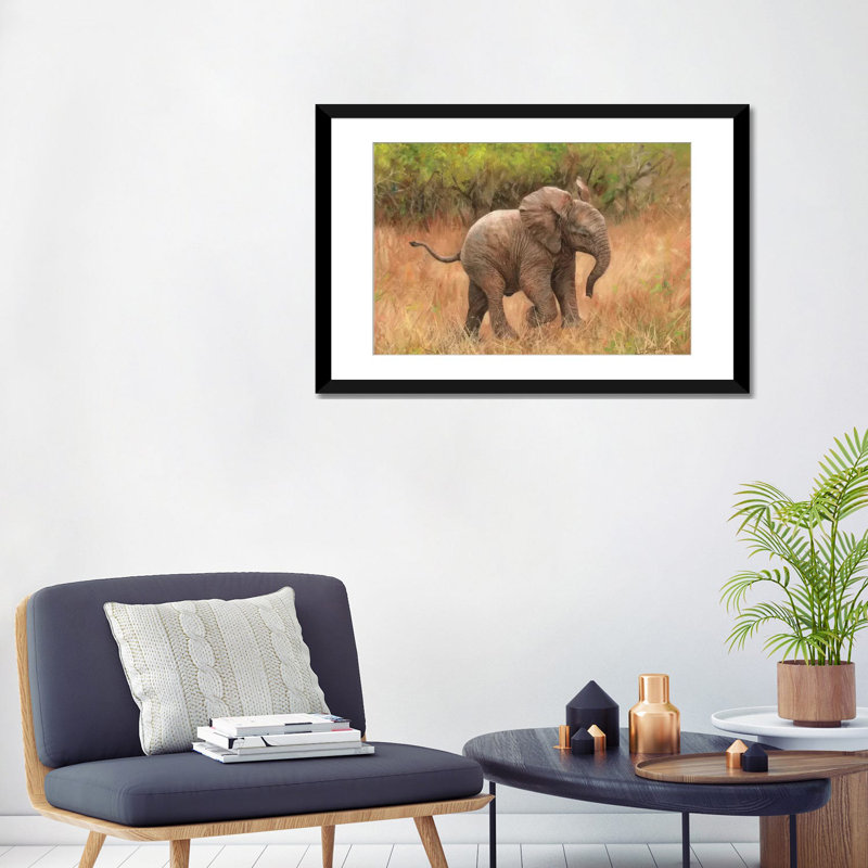 «Baby African Elephant», impression sur toile, H 16 po x l 24 po x P 1 po, Papier d'art encadré noir, Blanc