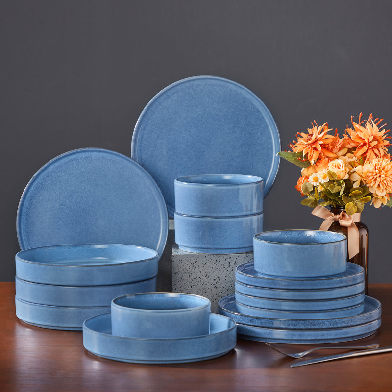 16 Piece For 4 In Ombre Blue Glaze,Raised Rim Dinnerware With Dinner&Dessert Plates,Pasta&Oatmeal Bowls,Modern Stackable Stoneware Set