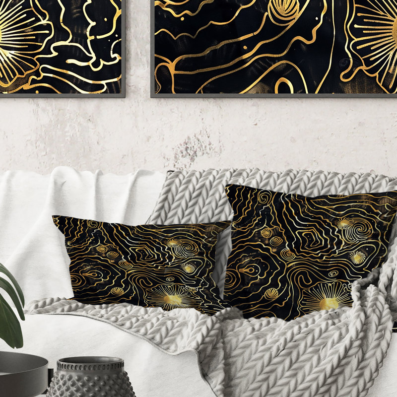 Or noir abstrait Waze - coussin abstrait, Forme rectangulaire, H 12 po x l 20 po