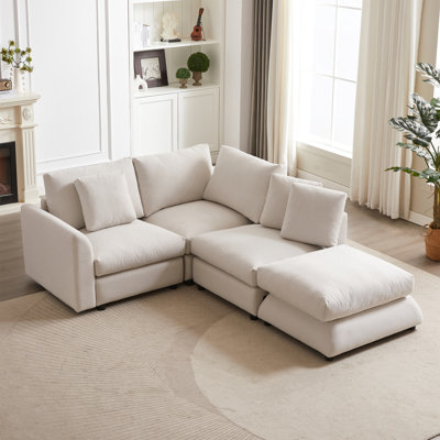 MH102.2 Canapé modulaire combiné avec repose-pieds, pieds en plastique, trois coussins et trois coussins décoratifs pour salon, appartement, studio, canapé en forme de L, meubles rembourrés