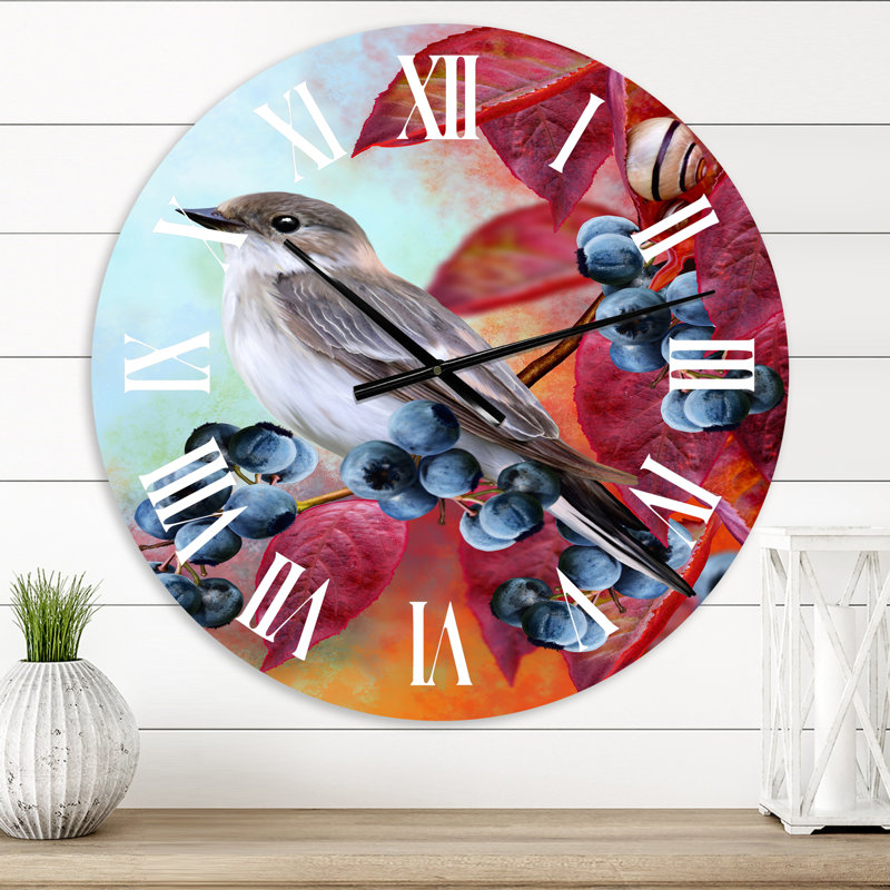 Petit oiseau gris sur un rameau d'automne rouge sur bleuet - Horloge murale traditionnelle, Moyenne