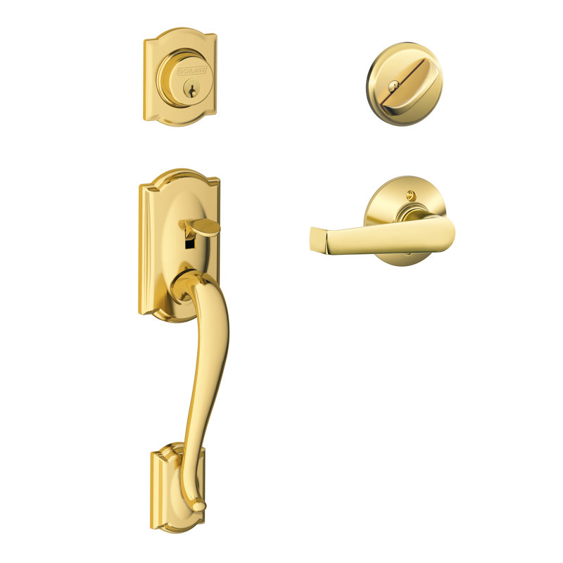 Camelot Handleset with Single Cylinder Deadbolt and Elan Door Lever and Rosette, Yes, Lifetime Brass, Keyed Alike