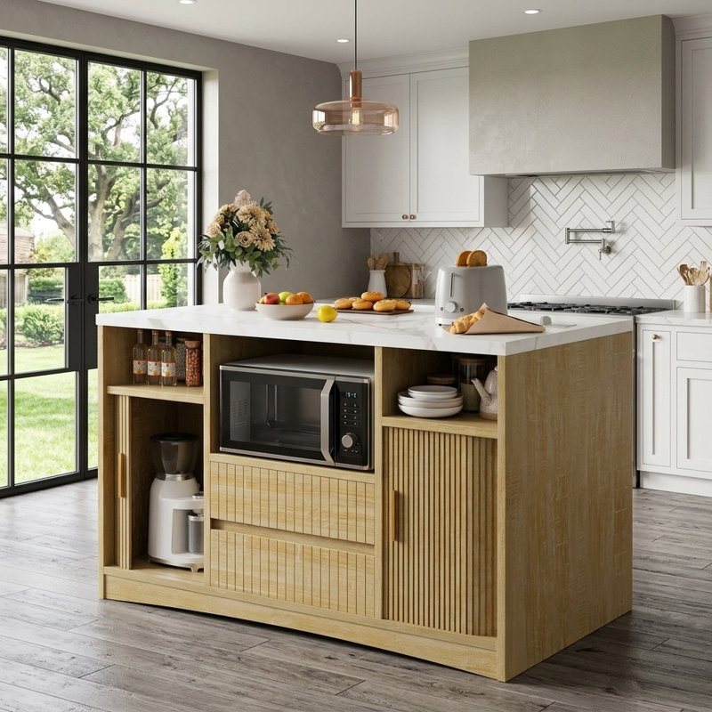 Îlot de cuisine 47,2 po avec rangement, prise de courant et lumières DEL, Naturel