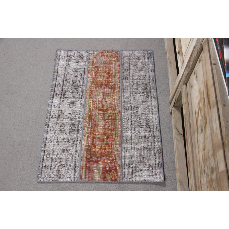 Handcrafted Vintage Turkish Rug Door Mat With Unique Gray Patchwork Design Featuring Patterns For Indoor Use