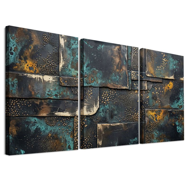 Ensemble de 3 toiles murales à l'aspect métal vieilli, couleurs turquoise et rouille, 36"H x 24"W x 3pcs