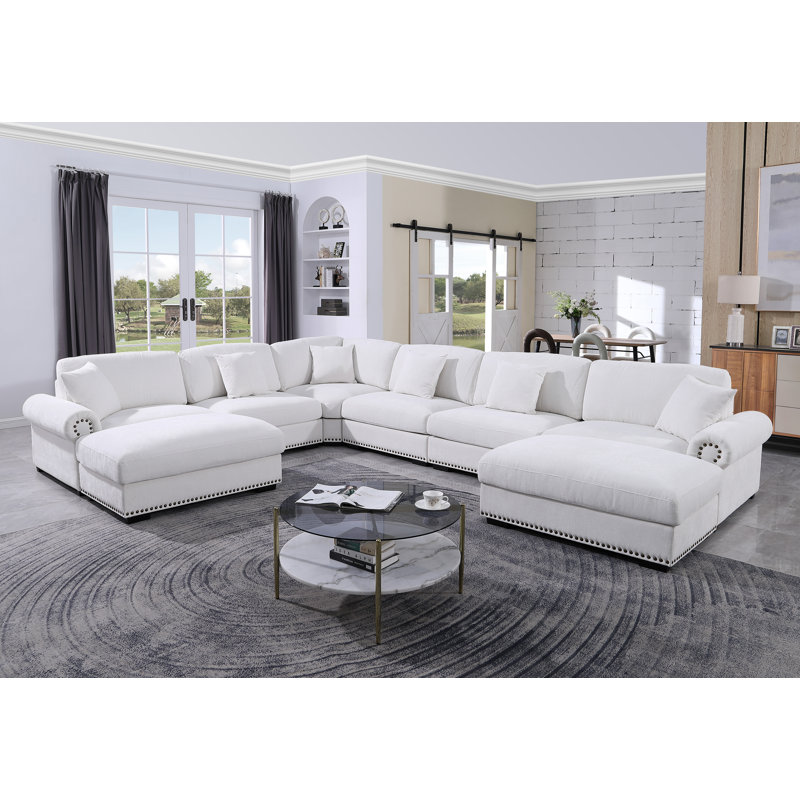 Oversized Corner Sectional Sofa With Reversible Chaises 8 Seat Chenille Cloud Sectional Couches, White Chenille
