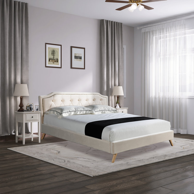Lit plateforme tapissier capitonné Dilcia, Très grand, Beige