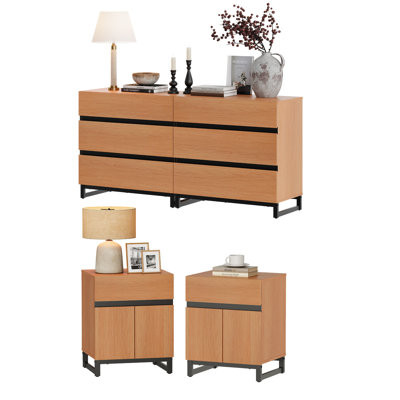Aadam Dresser And Nightstand Set Of 3, 63 Inches Dresser With 6 Drawers, 2 Nightstand With Drawer And Cabinet For Bedroom, Bedroom Furniture Set,