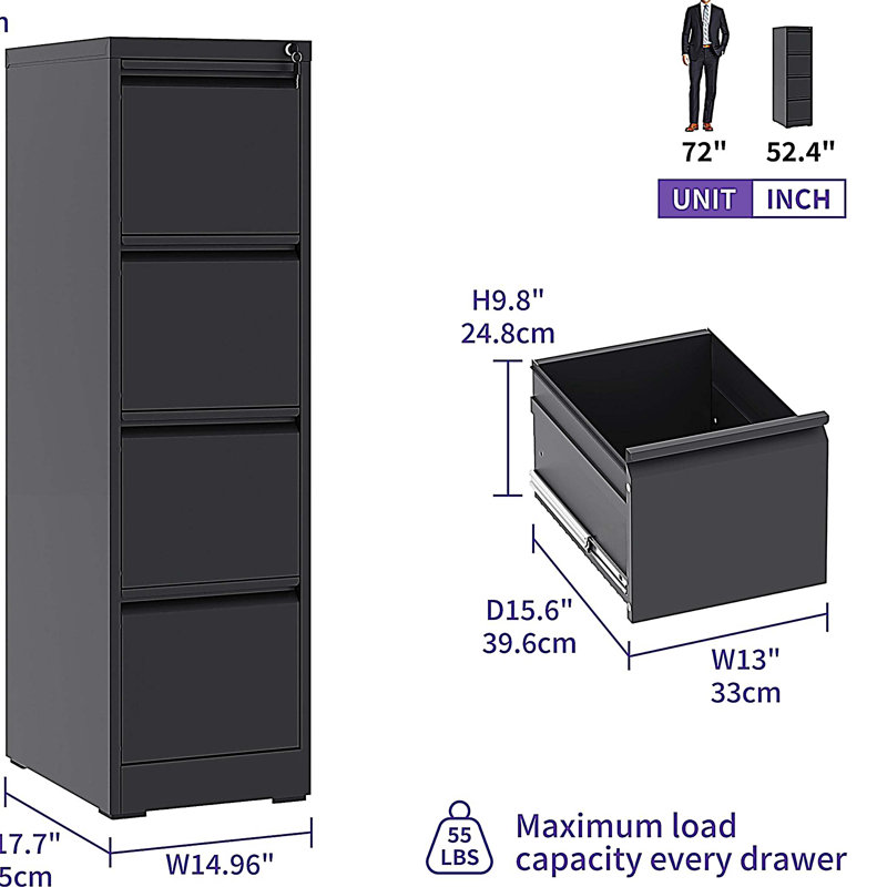 4 Drawer Metal Vertical File Cabinet with Lock Office Home Steel Vertical File Cabinet, Black