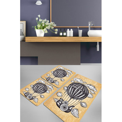 Premium Bathmat Set (3 Pieces) - Antibacterial, Non-Slip Polyester, Yellow & Black/White | Includes (2) 19.7 x 23.6 in & (1) 23.6 x 39.4 in Mats | 700 GSM, Machine Washable, Quick-Dry, Ideal for Modern Bathrooms