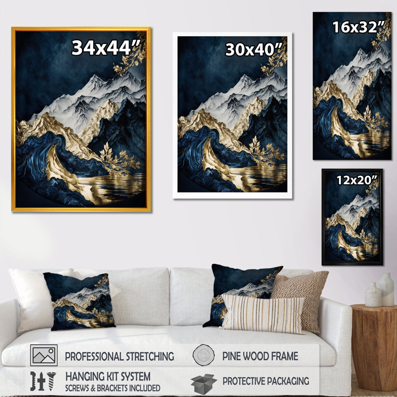Rivière et montagne givrées Zeitz Gold I, H 20 po x l 12 po x P 1 po, Encadrement doré