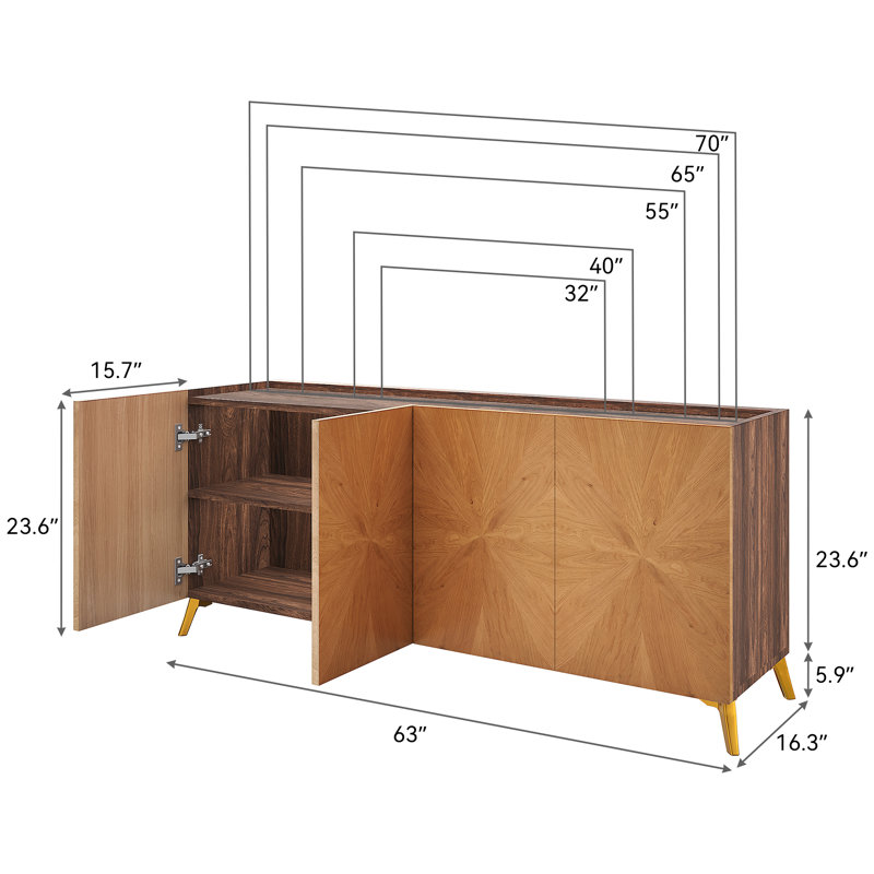 Dextrus 63'' Oak Sideboard Buffet with Gold Legs