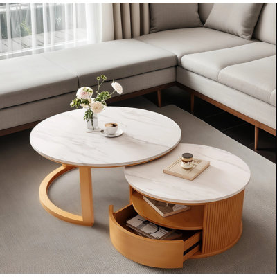 28.5" Modern Round Nesting Coffee Table With White Marble Top, 2-Tier Storage And 1 Drawer, Natural