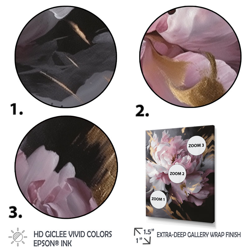 Harmonieux rose gris pivoine II - pivoines, art mural, H 20 po x l 12 po, Cadre flottant noir