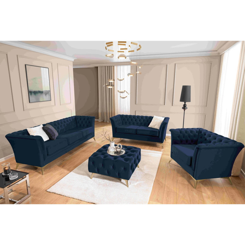 Whitby 3 - Piece Velvet Living Room Set, Gold, Navy Blue