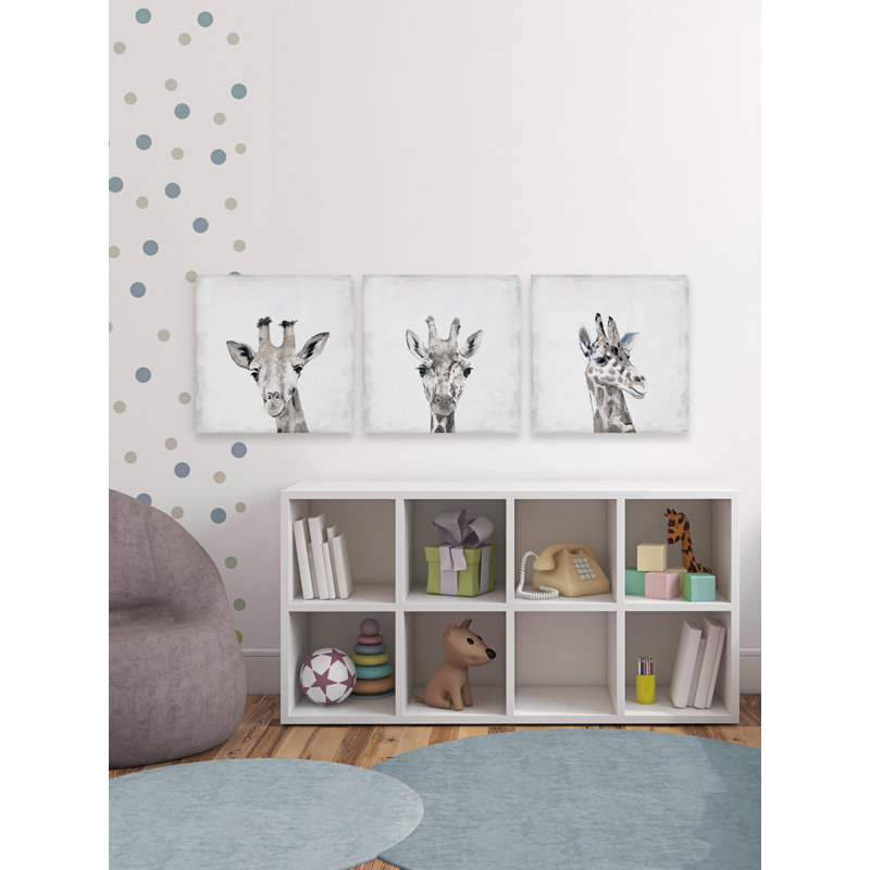 Giraffe Headshot Triptych - 3 Piece No Frame Painting Set on Canvas, 30cm H x 90cm W x 3.81cm D