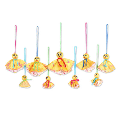 Novica Handmade Yellow Spooky Dolls Embroidered Viscose Ornaments (Set Of 9)
