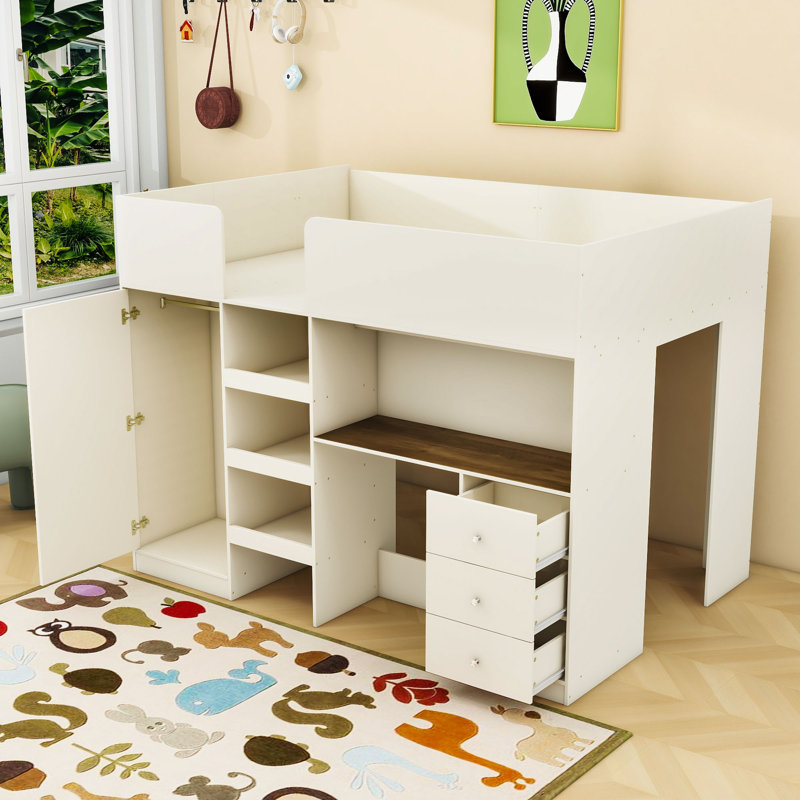 Lit mezzanine double avec garde-robe intégrée, bureau, tablettes et garde-corps de sécurité, Beige