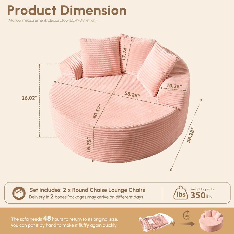 58.28" Wide Oversized Round Chaise Lounge Chair, Cloud Large Circle Chair With Plush Upholstered Modern Soft Big Single Couch, No Assembly Required (Set Of 2)