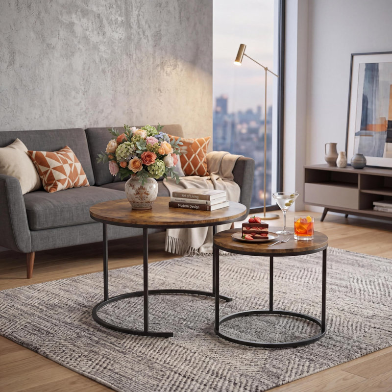 Nesting Coffee Table Set of 2 – 23.6 & 15.7 Inch Round Tables, Faux Marble Top, Metal Frame, Space Saving with Adjustable Feet for Living Room & Bedroom-Tiger Pattern