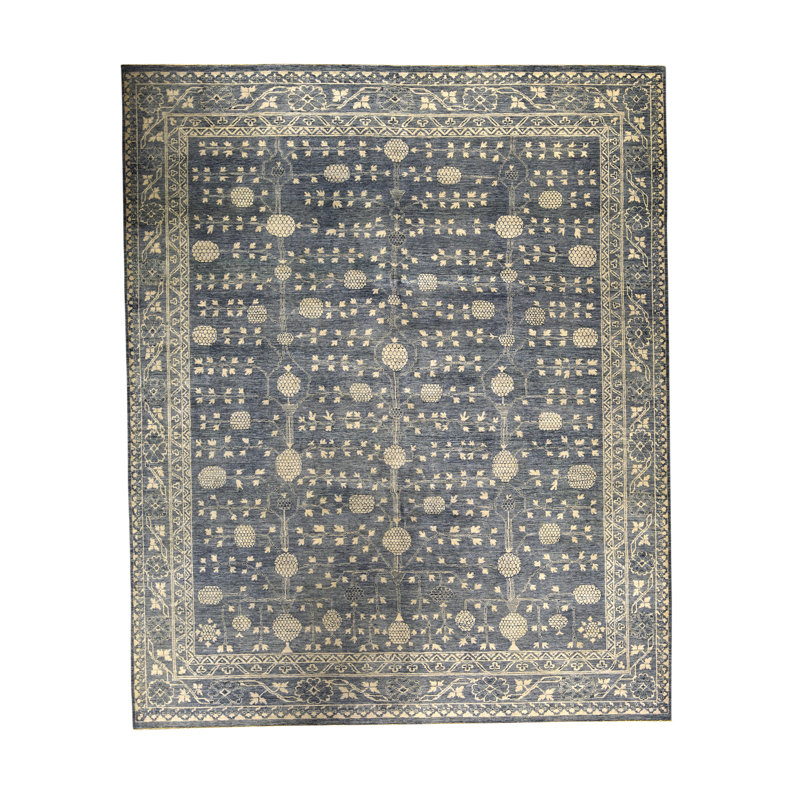 Neo Oriental Hand Knotted Wool Green/Navy Blue Area Rug