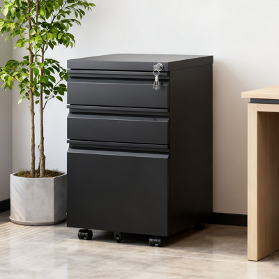 Classeur mobile noir à 3 tiroirs avec serrure, classeur à roulettes en métal entièrement assemblé sur roulettes, pour le bureau personnel et sous le bureau