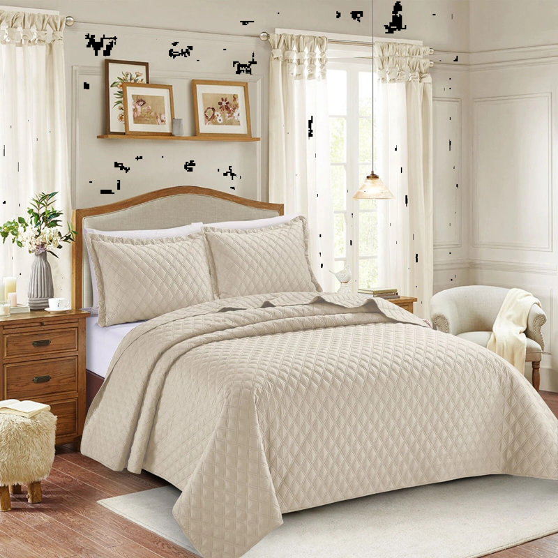 Microfiber / Polyester Bedspread with Pillow Shams, Double Bedspread + 2 Standard Shams, Beige