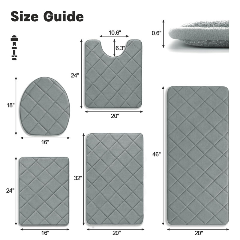 Ensemble de tapis de salle de bain 5 pièces, tapis de bain doux en mousse viscoélastique antidérapante, ensemble de tapis de salle de bain lavable à la machine, tapis de bain absorbant l'eau pour la toilette et le sol (gris clair)