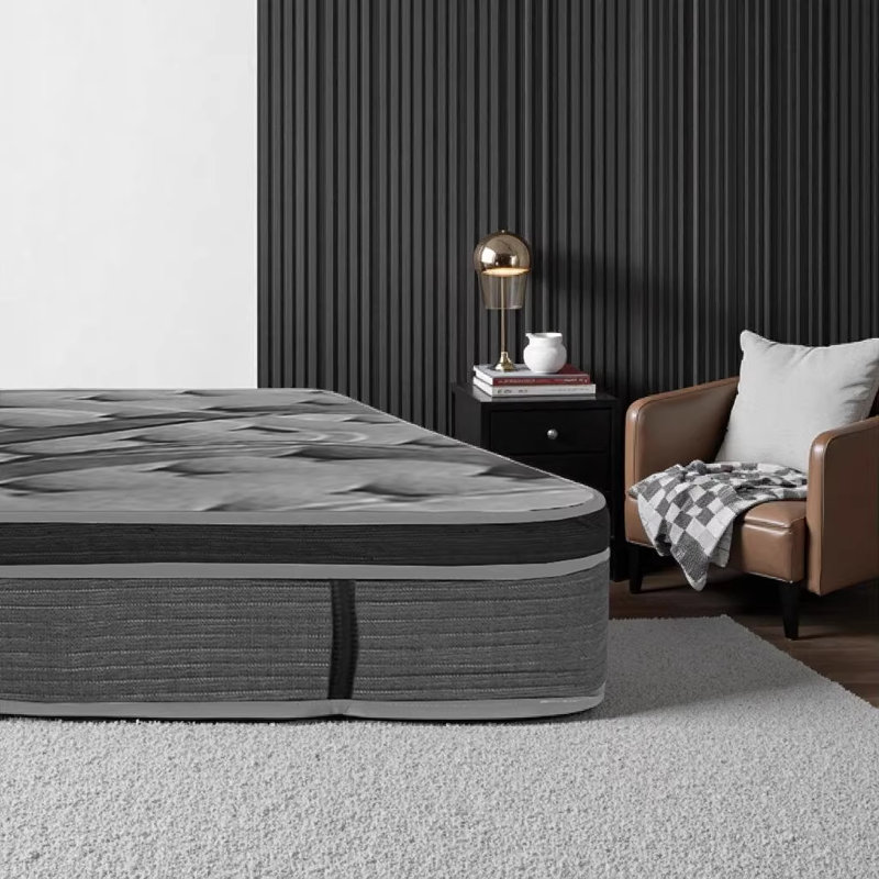 14 Inch King Size Memory Foam Mattress in a Box, Plush Euro Top Hybrid Pocket Coil Mattress with Breathable Black Knit Cover, Gray