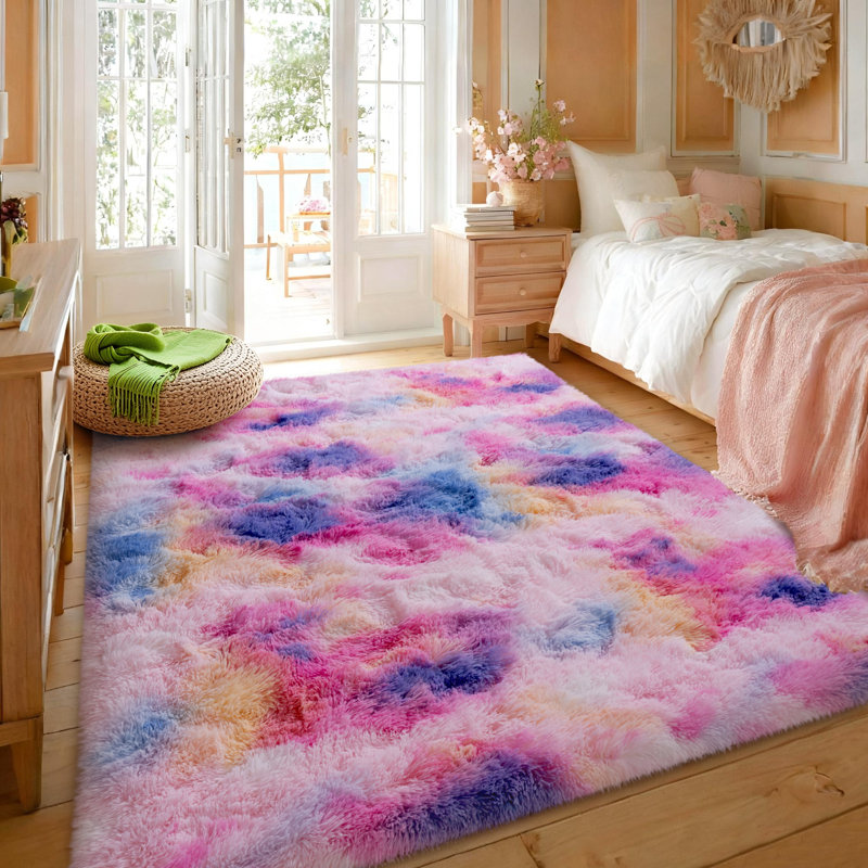 Tie-Dyed Rainbow Fluffy Rugs for Living Room, 8x10 ft Non-Slip Area Rugs Shag Carpet for Nursery Kids Play Room Dorm Office Indoor Modern Plush Carpets