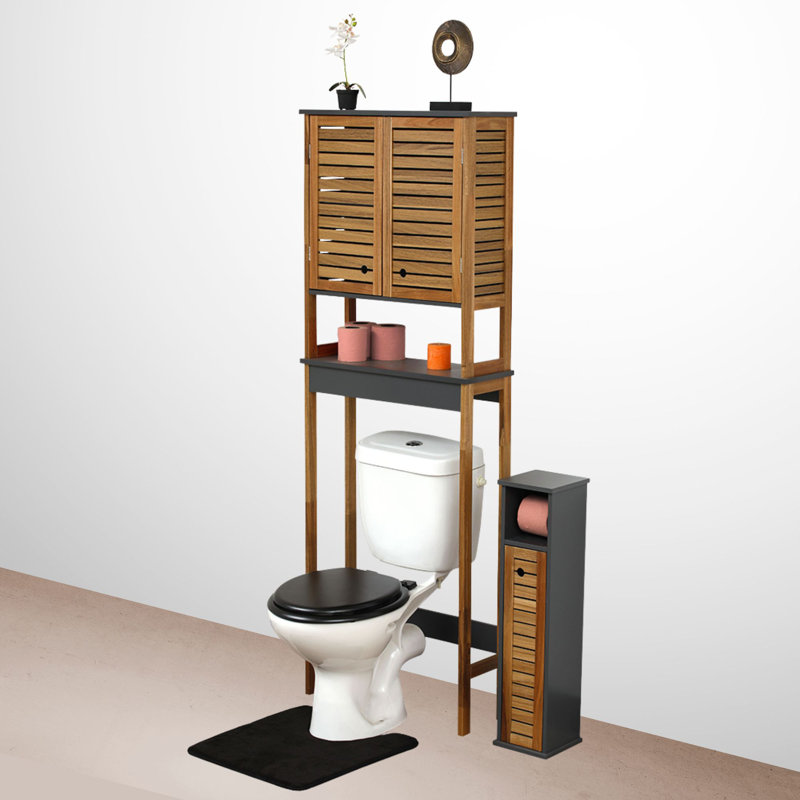 Over The Toilet Storage Cabinet with Double Vented Doors and Open Shelf, Brown and Gray - Elements Collection
