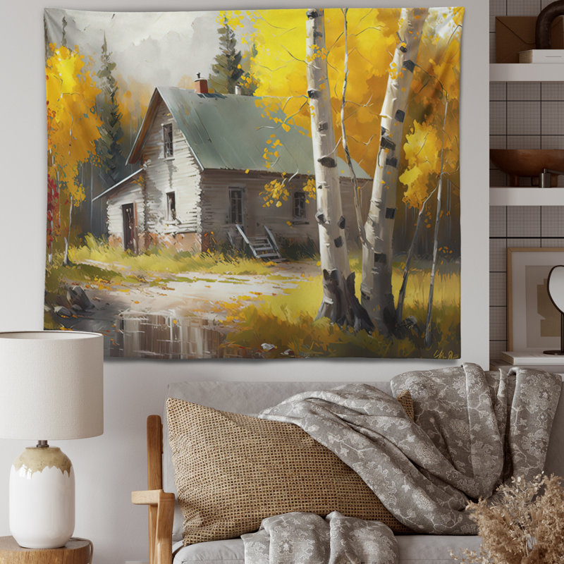 Tapisserie en polyester petit chalet en automne II avec punaises, H 50 po x l 60 po