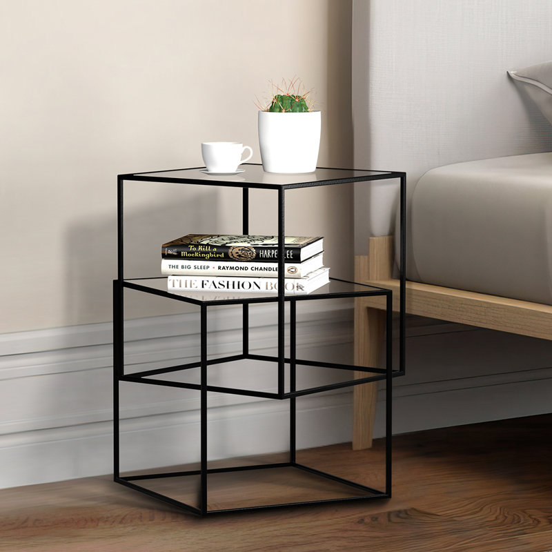 Modern Geometric Glass Accent Table with Floating Cube Design, Tempered Glass Top & Black Metal Frame for Living Room, Bedroom, Office